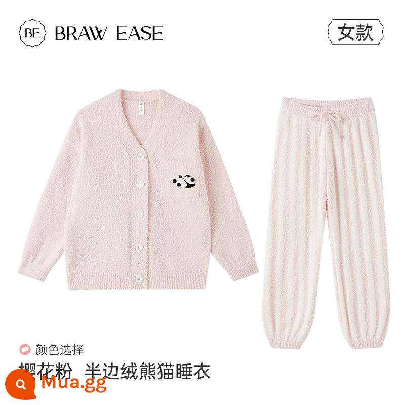 Cardigan nửa nhung đồ ngủ mùa đông sữa nữ huhu bộ đồ mùa đông Plus nhung dày mùa đông gấu trúc san hô nhung dịch vụ tại nhà - Loại A_Sakura Hồng