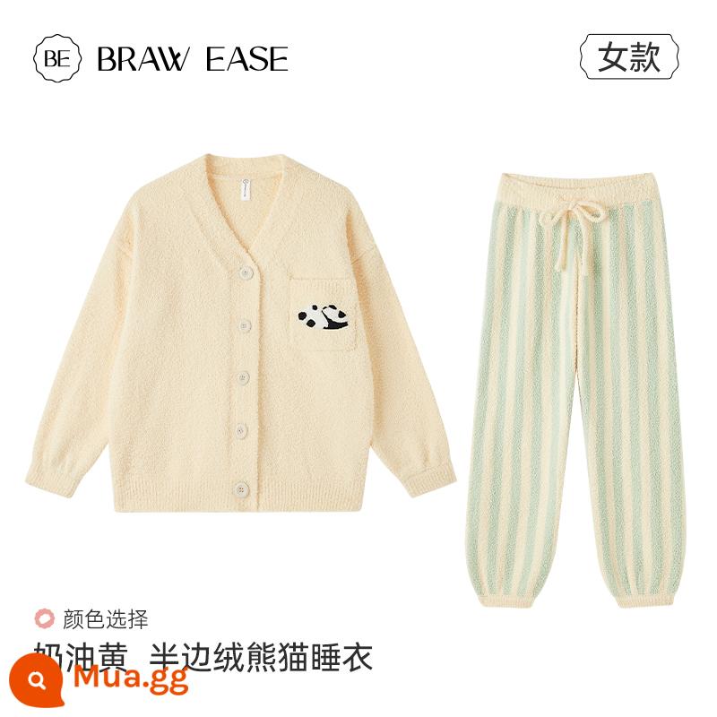 Cardigan nửa nhung đồ ngủ mùa đông sữa nữ huhu bộ đồ mùa đông Plus nhung dày mùa đông gấu trúc san hô nhung dịch vụ tại nhà - Loại A_kem màu vàng