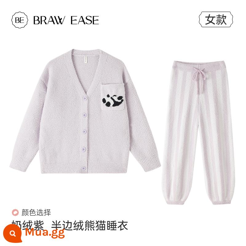 Cardigan nửa nhung đồ ngủ mùa đông sữa nữ huhu bộ đồ mùa đông Plus nhung dày mùa đông gấu trúc san hô nhung dịch vụ tại nhà - Loại A_Sữa Nhung Tím