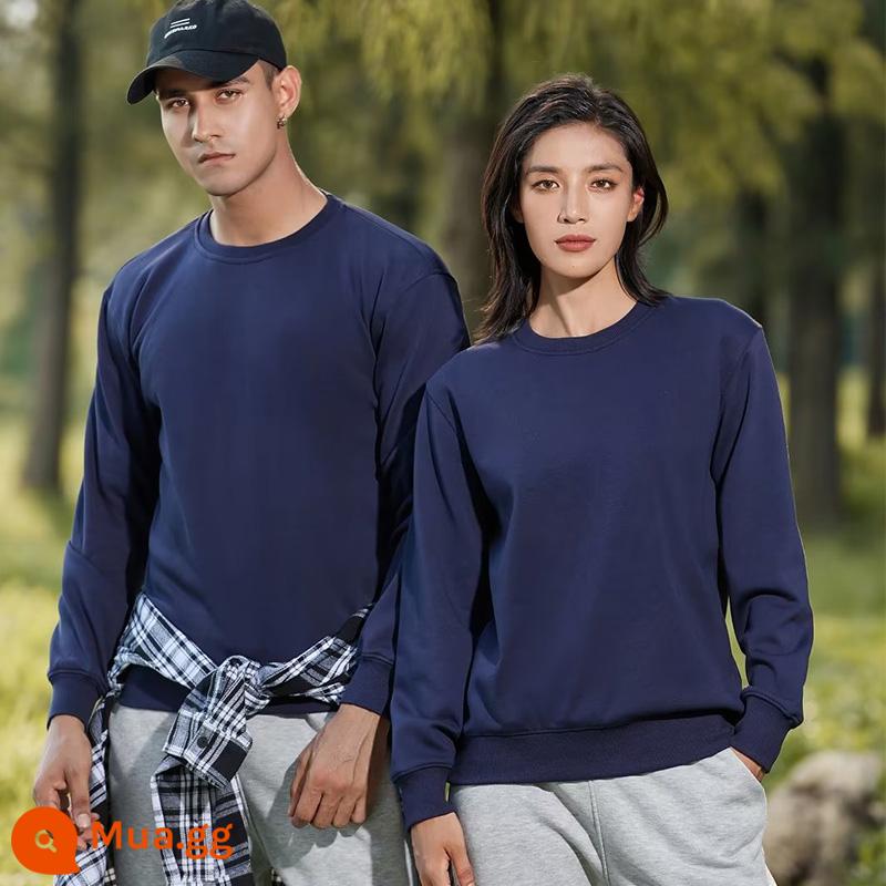 Áo thun cotton nguyên chất in logo theo yêu cầu, quần áo đi làm mùa thu đông nhung, đồng phục lớp dài tay cổ tròn, in theo yêu cầu - Màu xanh hải quân cộng với nhung