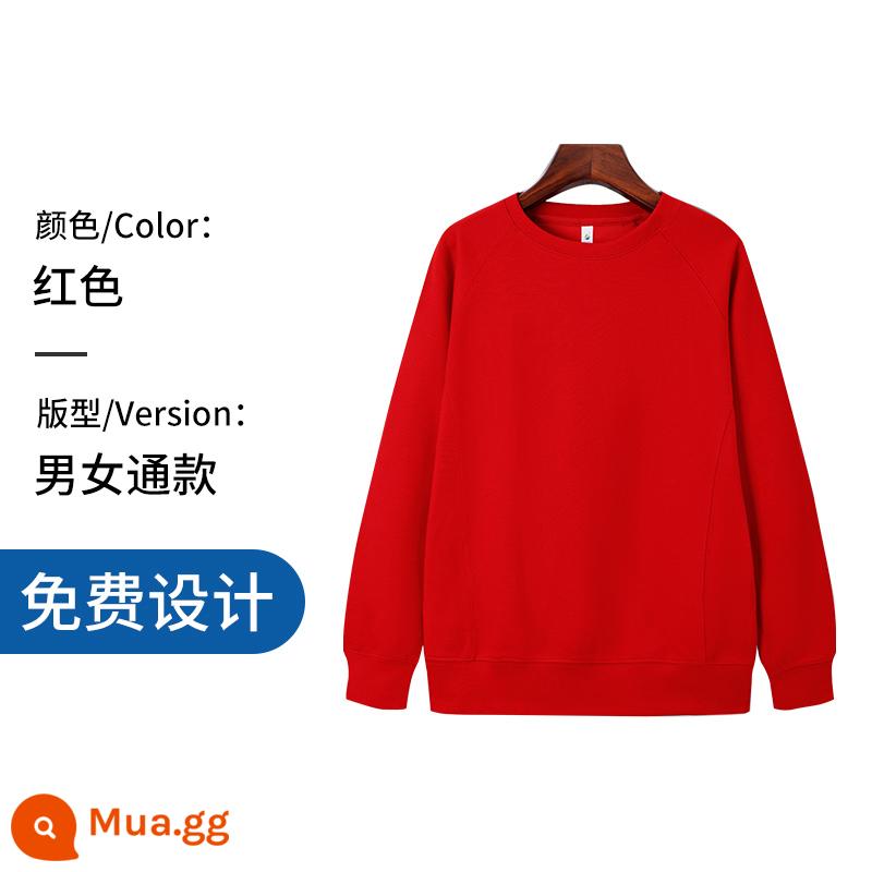 Áo thun cotton nguyên chất in logo theo yêu cầu, quần áo đi làm mùa thu đông nhung, đồng phục lớp dài tay cổ tròn, in theo yêu cầu - Mẫu cao cấp dày màu đỏ không nhung