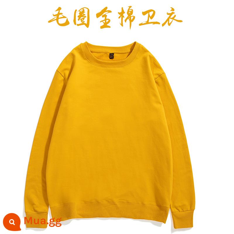 Áo thun cotton nguyên chất in logo theo yêu cầu, quần áo đi làm mùa thu đông nhung, đồng phục lớp dài tay cổ tròn, in theo yêu cầu - màu vàng