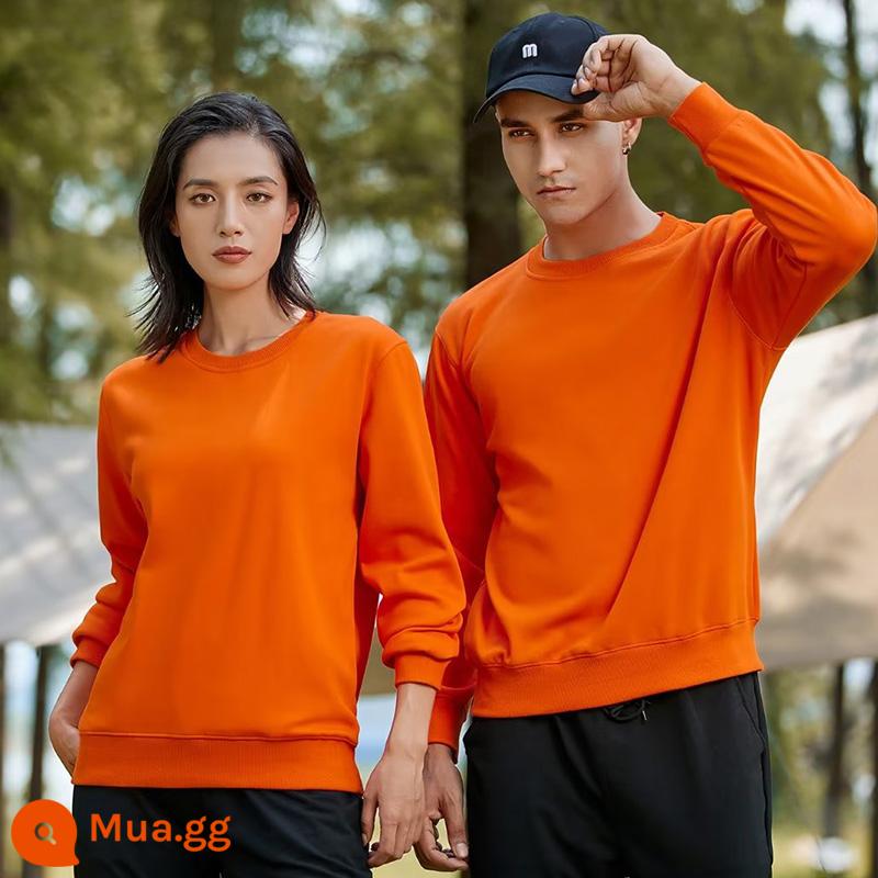 Áo thun cotton nguyên chất in logo theo yêu cầu, quần áo đi làm mùa thu đông nhung, đồng phục lớp dài tay cổ tròn, in theo yêu cầu - Cam cộng với nhung