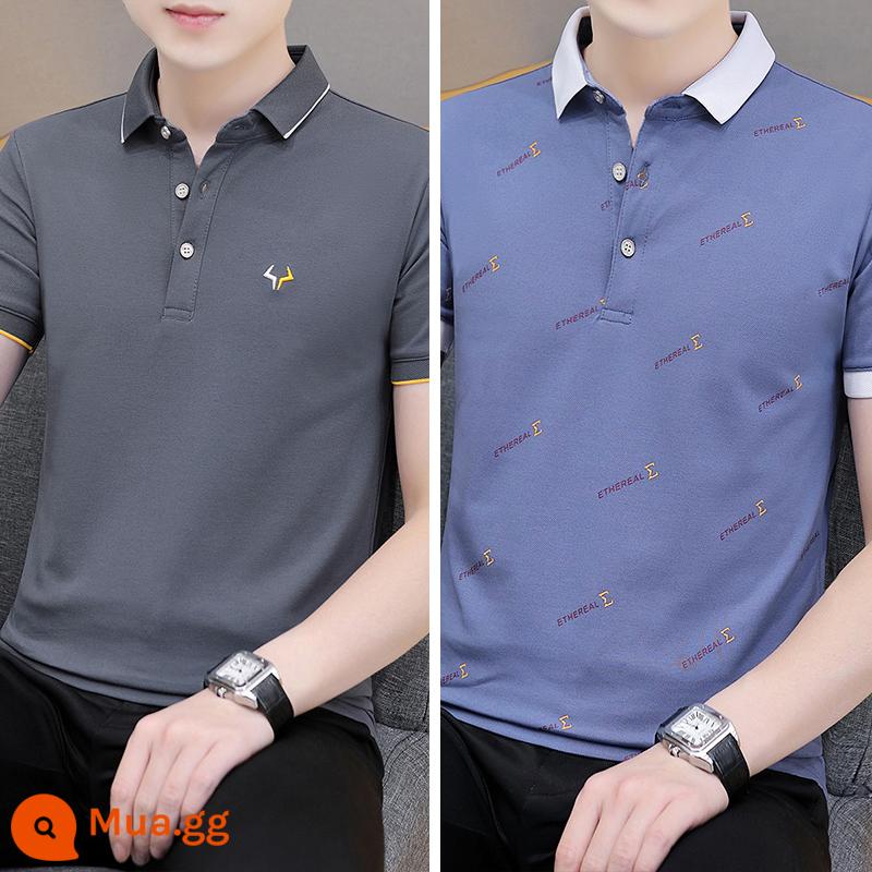 Lụa băng Ralph Lauren polo có cổ áo thun nam ngắn tay xu hướng mùa hè ve áo cổ sơ mi Áo sơ mi POLO nửa tay quần áo hàng đầu - 10 bộ-QY681 xám khói + QY679 xanh đậm