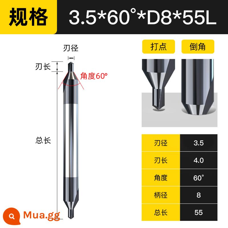 Mũi khoan trung tâm bằng thép vonfram Huhao mũi khoan trung tâm Lớp phủ hợp kim cứng 60 độ Thép dài hai đầu loại A với mũi khoan cố định - 3,5 * 60 độ * D8 * 55L mẫu 8MM