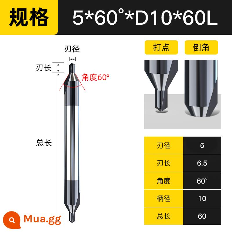 Mũi khoan trung tâm bằng thép vonfram Huhao mũi khoan trung tâm Lớp phủ hợp kim cứng 60 độ Thép dài hai đầu loại A với mũi khoan cố định - 5*60 độ*D10*60L mẫu 10MM