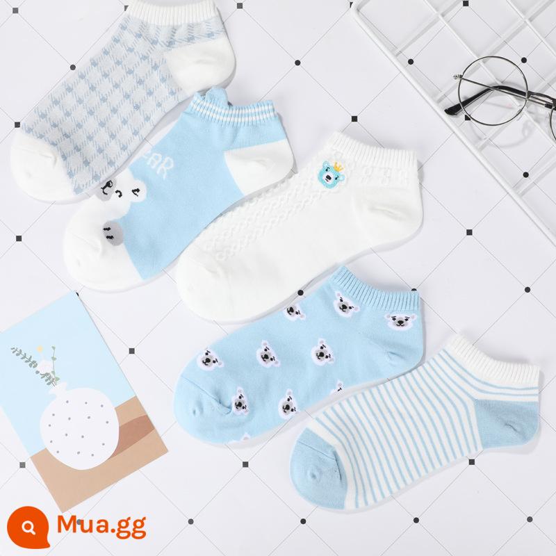 Tất, tất nữ, xuân hè, cotton nguyên chất, khử mùi, tất ống giữa nữ, xuân hè, tất cotton ngắn, tất vô hình bé gái, mùa hè - 5 đôi mẫu cotton nguyên chất: xanh 2144