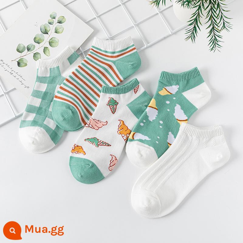 Tất, tất nữ, xuân hè, cotton nguyên chất, khử mùi, tất ống giữa nữ, xuân hè, tất cotton ngắn, tất vô hình bé gái, mùa hè - 5 đôi bông nhuyễn: xanh kem 2138