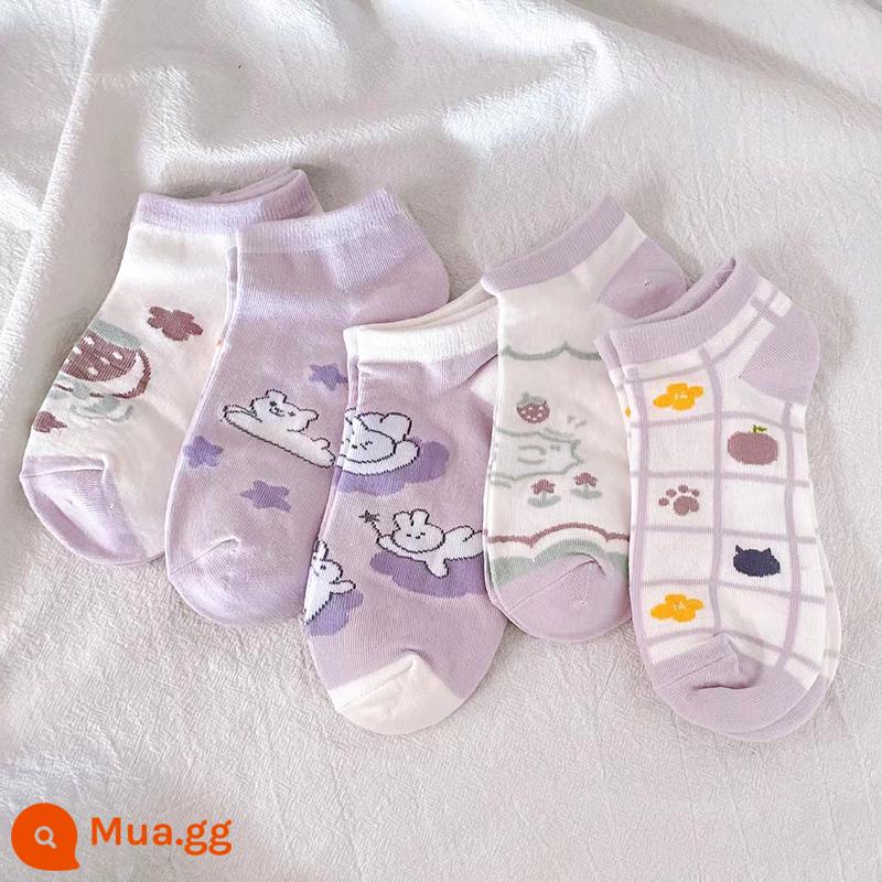 Tất, tất nữ, xuân hè, cotton nguyên chất, khử mùi, tất ống giữa nữ, xuân hè, tất cotton ngắn, tất vô hình bé gái, mùa hè - 5 đôi mẫu cotton nguyên chất: hoa tím 2139