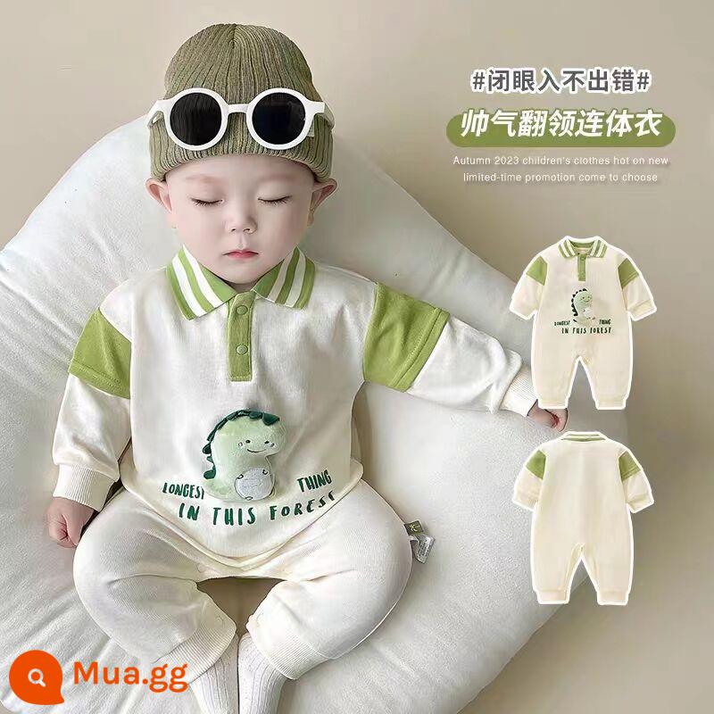 Trẻ Sơ Sinh Một Bộ Quần Áo 0-6 Tháng Xuân Thu Mỏng Siêu Dễ Thương Plus Nhung Quần Áo Bé rompers - Bộ áo liền quần xuân thu khủng long ve áo màu xanh lá cây