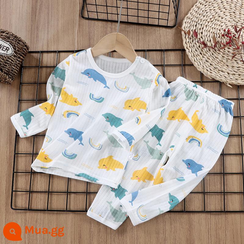 Bộ đồ ngủ trẻ em cotton nguyên chất bé trai và bé gái dài tay quần áo mặc ở nhà phù hợp với mùa hè quần áo máy lạnh mỏng cho bé mùa xuân thu - Dolphin [Loại A cotton nguyên chất/mềm mại và thoải mái] [Áo dài tay và quần dài]