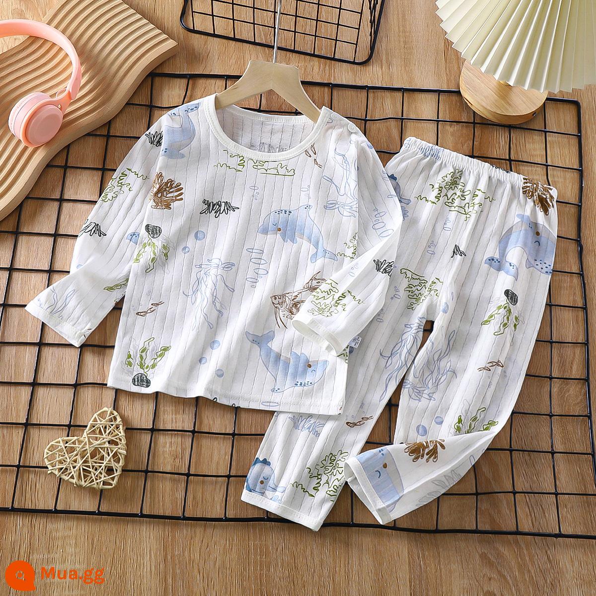 Bộ đồ ngủ trẻ em cotton nguyên chất bé trai và bé gái dài tay quần áo mặc ở nhà phù hợp với mùa hè quần áo máy lạnh mỏng cho bé mùa xuân thu - Haima [Loại A cotton nguyên chất/mềm mại và thoải mái] [Áo dài tay và quần dài]