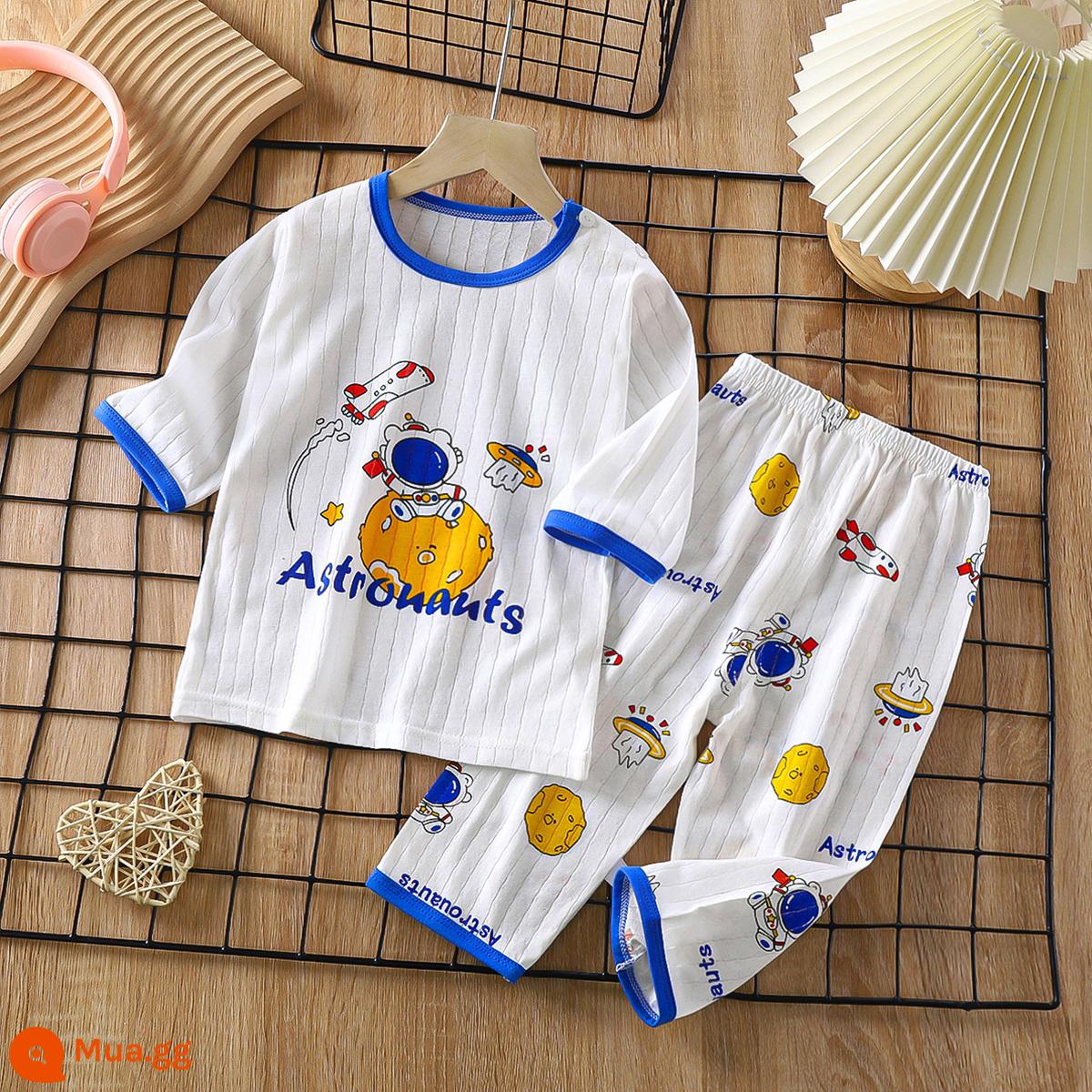 Bộ đồ ngủ trẻ em cotton nguyên chất bé trai và bé gái dài tay quần áo mặc ở nhà phù hợp với mùa hè quần áo máy lạnh mỏng cho bé mùa xuân thu - Chuyến bay [Loại A cotton nguyên chất/mềm mại và thoải mái] [quần tay ba phần tư]