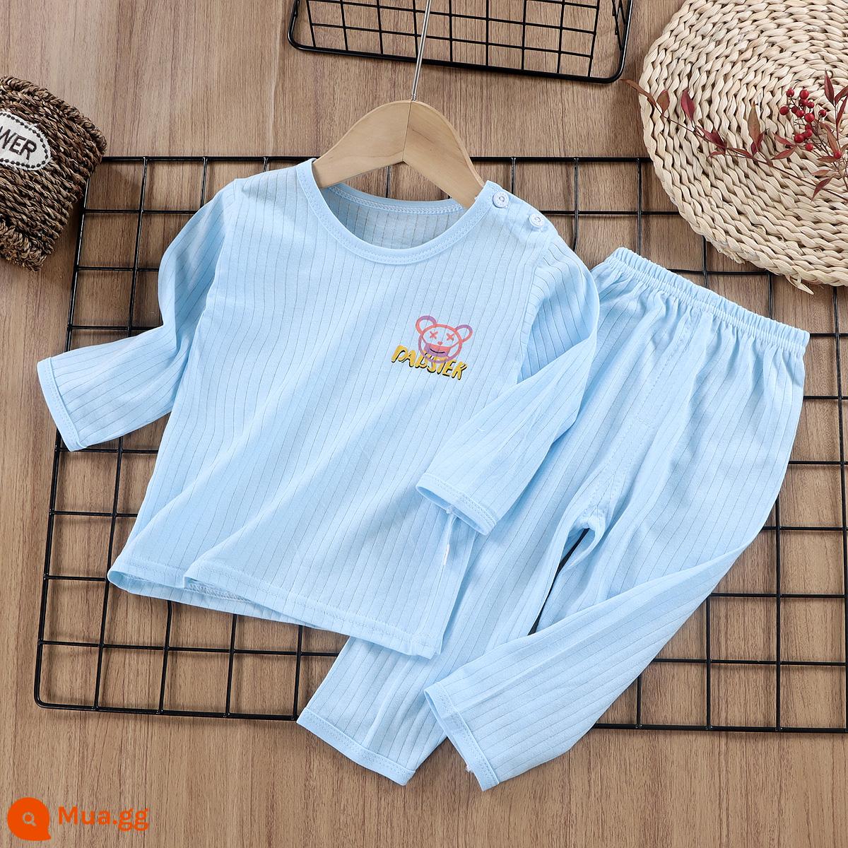 Bộ đồ ngủ trẻ em cotton nguyên chất bé trai và bé gái dài tay quần áo mặc ở nhà phù hợp với mùa hè quần áo máy lạnh mỏng cho bé mùa xuân thu - Màu xanh lam [Loại A cotton nguyên chất/mềm mại và thoải mái] [quần dài tay]