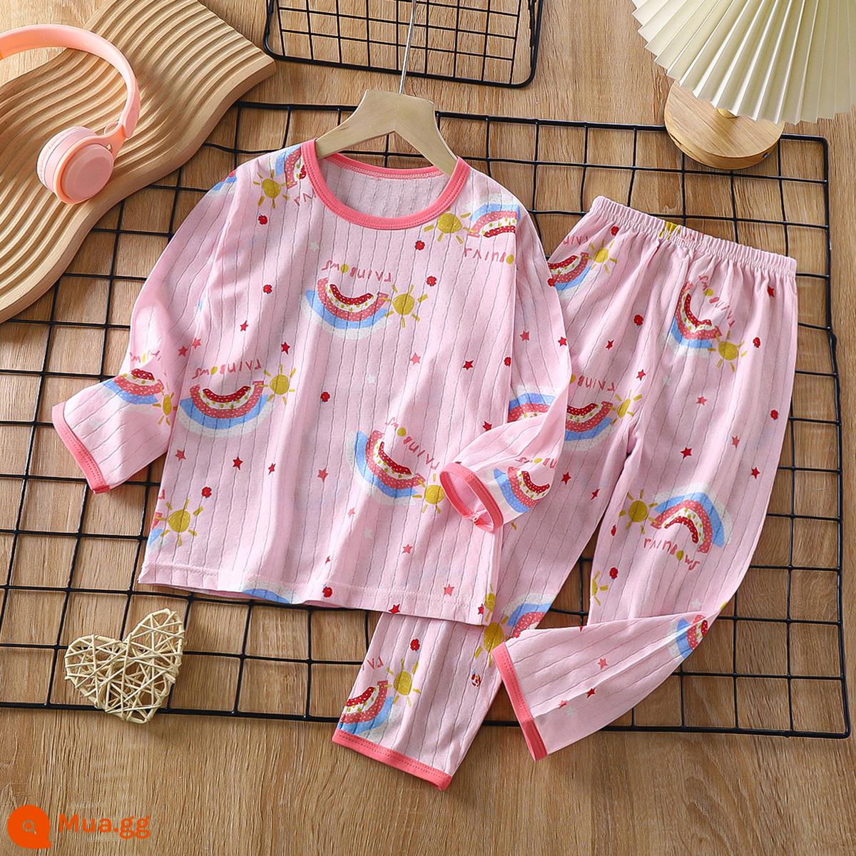 Bộ đồ ngủ trẻ em cotton nguyên chất bé trai và bé gái dài tay quần áo mặc ở nhà phù hợp với mùa hè quần áo máy lạnh mỏng cho bé mùa xuân thu - Cọ vẽ cầu vồng [Cotton nguyên chất loại A/Mềm mại và thoải mái] [Tay dài và quần dài]