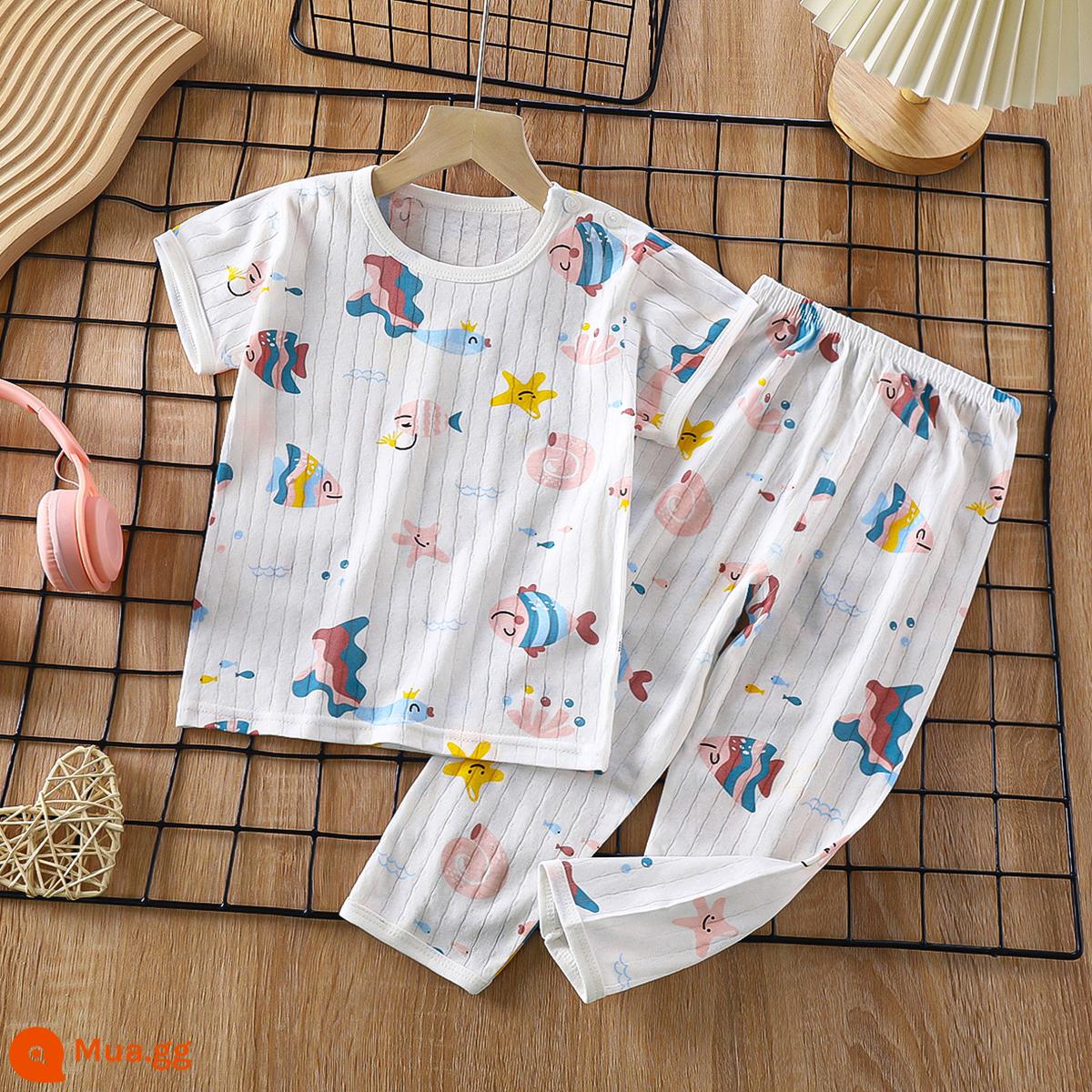 Bộ đồ ngủ trẻ em cotton nguyên chất bé trai và bé gái dài tay quần áo mặc ở nhà phù hợp với mùa hè quần áo máy lạnh mỏng cho bé mùa xuân thu - Thế giới dưới nước [Cotton nguyên chất loại A/mềm mại và thoải mái] [tay áo ngắn và quần dài]