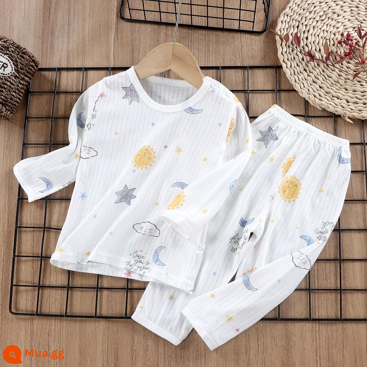 Bộ đồ ngủ trẻ em cotton nguyên chất bé trai và bé gái dài tay quần áo mặc ở nhà phù hợp với mùa hè quần áo máy lạnh mỏng cho bé mùa xuân thu - Mặt trời, Mặt trăng và Sao [Loại A cotton nguyên chất/mềm mại và thoải mái] [Áo dài tay và quần dài]