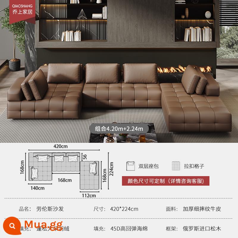 Ý tối giản nhẹ nhàng sang trọng Ghế sofa da Lawrence lớp đầu tiên kết hợp da bò lớp lớn hình vuông thiết kế mô-đun phòng khách biệt thự - Tổ hợp 4,2m+2,24m