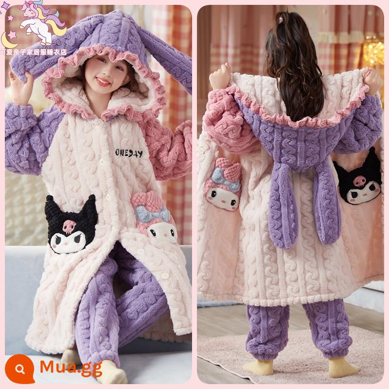 Váy ngủ bé gái mùa đông flannel ngôi sao sương cha mẹ-con áo choàng tắm dày Plus nhung cho bé nhà trẻ em bộ quần áo - Phong cách người nổi tiếng trên Internet-G32135 Áo choàng + quần Kuromi & Melody