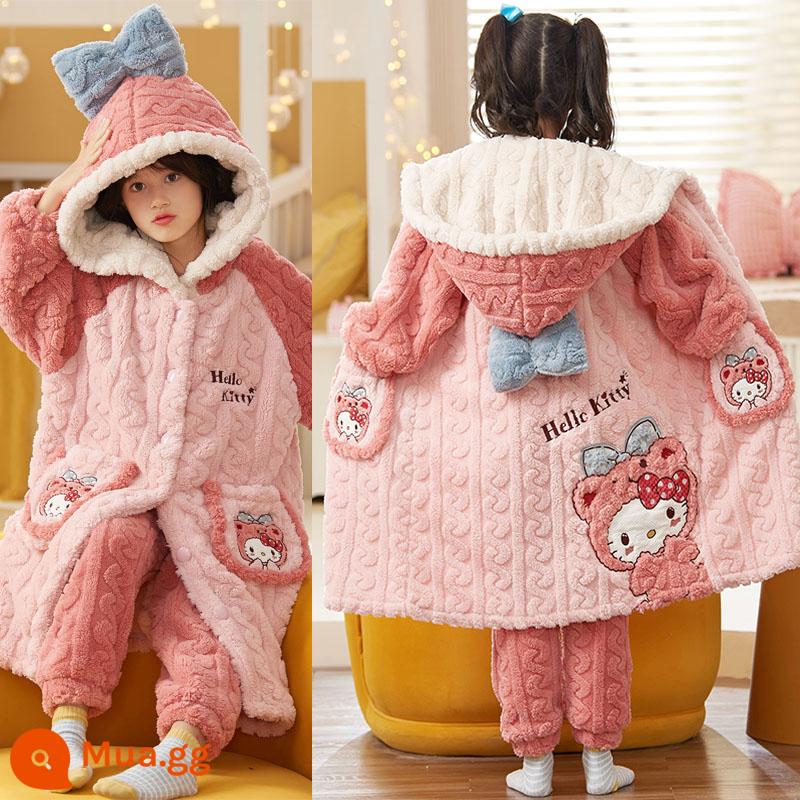 Váy ngủ bé gái mùa đông flannel ngôi sao sương cha mẹ-con áo choàng tắm dày Plus nhung cho bé nhà trẻ em bộ quần áo - G32001KT mèo [jacquard] áo choàng + quần