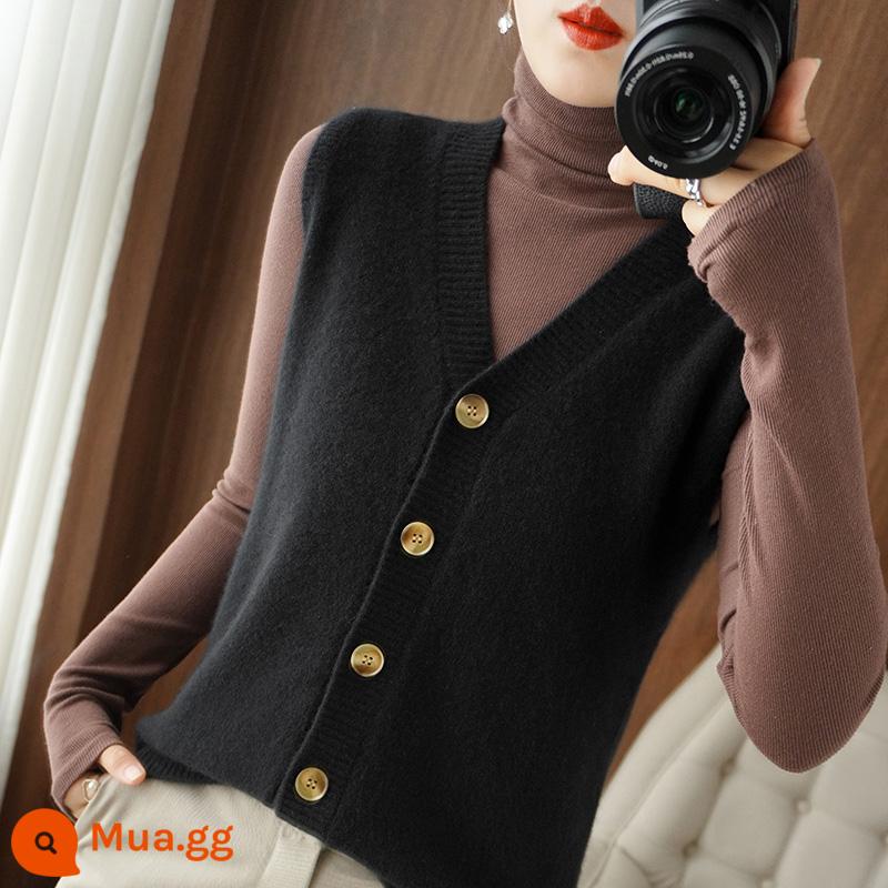 Áo len dệt kim áo vest nữ mùa thu đông cardigan phong cách hot 2022 mới dáng rộng áo vest cashmere mặc ngoài - Màu đen cổ điển