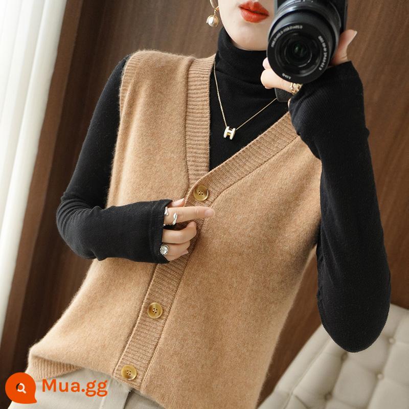 Áo len dệt kim áo vest nữ mùa thu đông cardigan phong cách hot 2022 mới dáng rộng áo vest cashmere mặc ngoài - lạc đà cát vàng