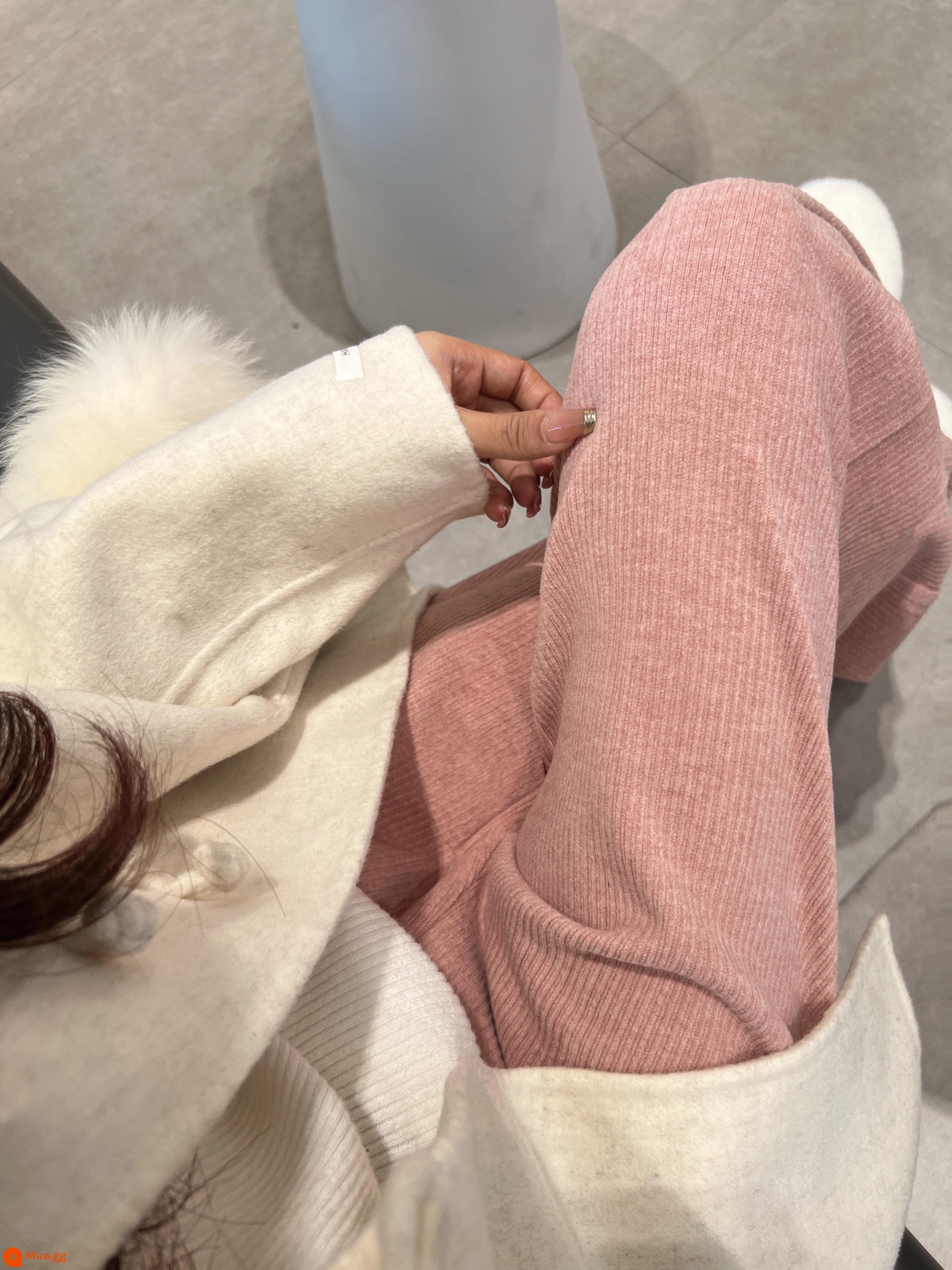 Quần ống rộng dệt kim màu xám giống như cashmere của phụ nữ mùa thu và mùa đông cạp cao xếp nếp cộng với quần ống đứng nhung màu đen quần lau nhỏ - Hồng (Nhỏ) [Cao 150-159]