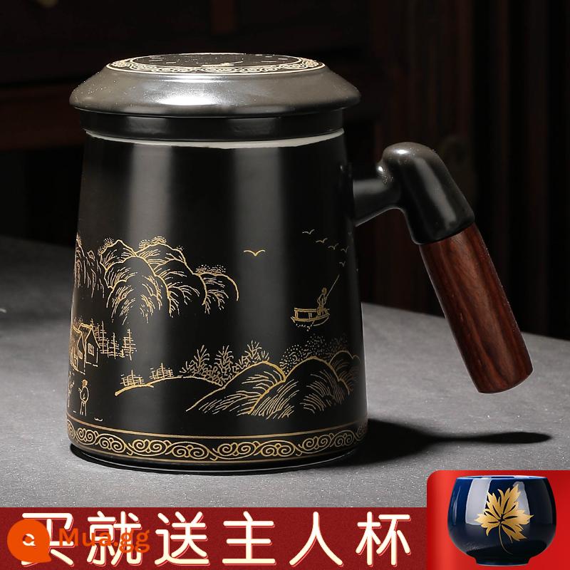 Đánh dấu Cup với nắp lớn Cup Geramic Cup Cup Cup Cà phê Cup Cup Cup Tea Tea tách trà - Bộ cốc cá nhân ba mảnh "Send Maple Leaf Master Cup" màu đen mờ "Giang Sơn"