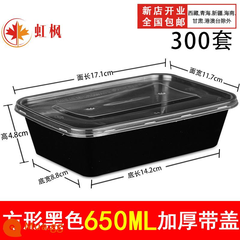 Hình Chữ Nhật 1000ML Dùng Một Lần Hộp Cơm Thức Ăn Nhanh Bento Bát Canh Hộp Bao Bì Miễn Phí Vận Chuyển Dày Trong Suốt Giao Hộp Cơm Trưa - Vuông đen 650ml đặc có nắp 300 bộ