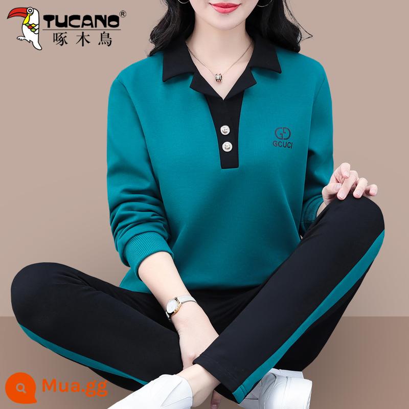 Bộ đồ thể thao cotton nguyên chất của chim gõ kiến ​​quần áo mùa thu nữ 2023 mới mùa xuân và mùa thu thời trang áo cổ polo hai món - Hồ xanh (không có nhung)