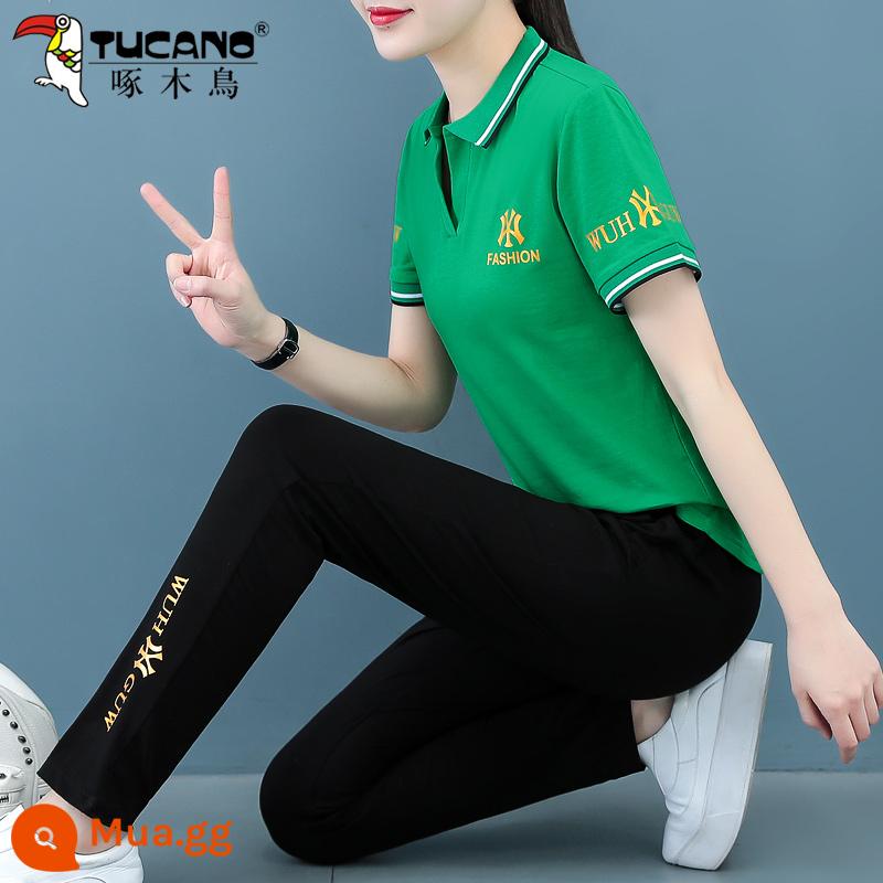 Bộ đồ thể thao cotton chim gõ kiến nữ mùa hè 2022 mẹ trung niên phong cách nước ngoài chạy giảm tuổi quần crop hai bộ - quần xanh