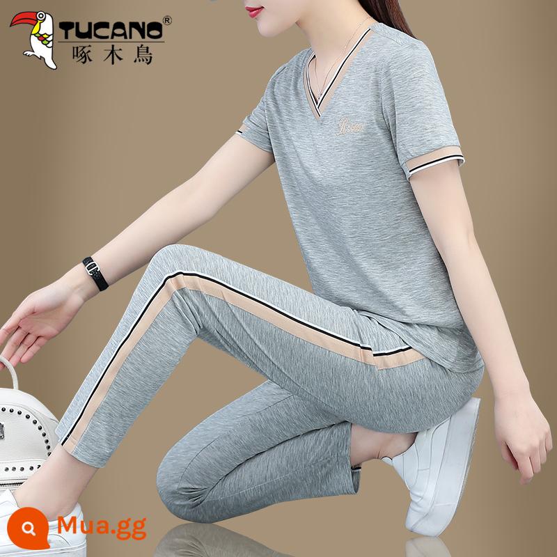 Chim Gõ Kiến Mùa Hè Bộ Đồ Thể Thao Nữ Mỏng Phần 2022 Mới Cotton Thời Trang Trường Tây Mẹ Cắt Quần 2 Bộ - Màu xám (quần)