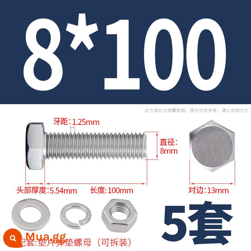 Bộ ốc vít và đai ốc lục giác bên ngoài bằng thép không gỉ 304 Bộ bu lông và ốc vít mở rộng M4M5M6M8M10M12 - M8*100(5 bộ)