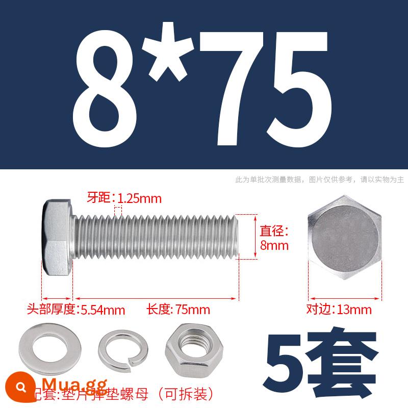 Bộ ốc vít và đai ốc lục giác bên ngoài bằng thép không gỉ 304 Bộ bu lông và ốc vít mở rộng M4M5M6M8M10M12 - M8*75(5 bộ)