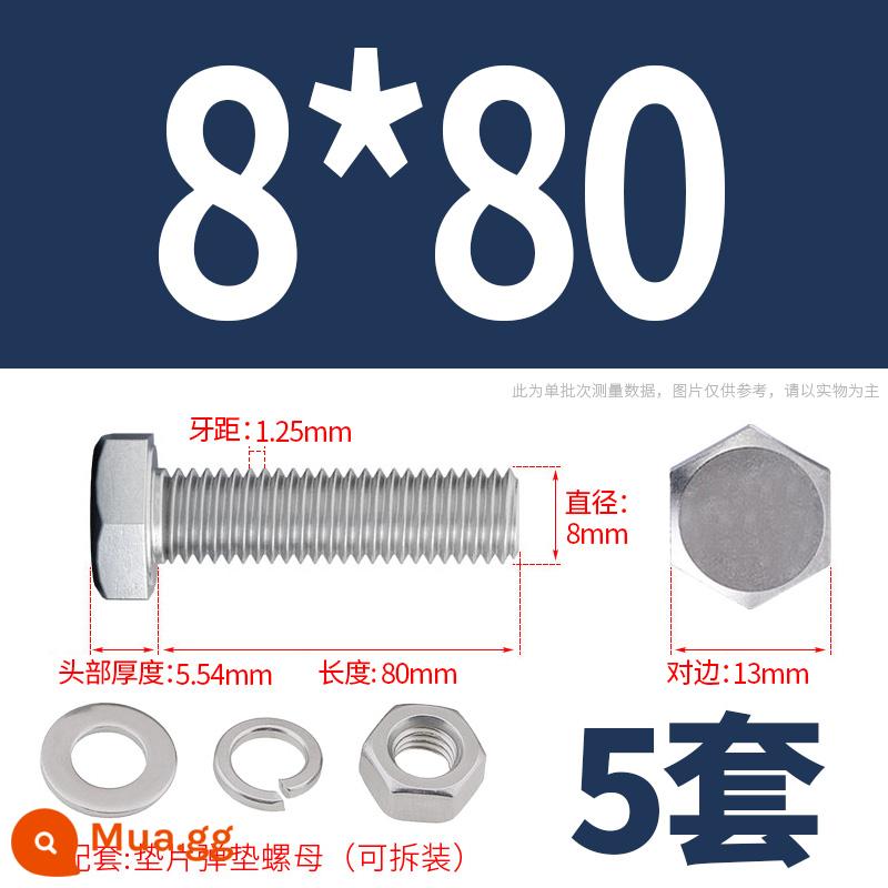 Bộ ốc vít và đai ốc lục giác bên ngoài bằng thép không gỉ 304 Bộ bu lông và ốc vít mở rộng M4M5M6M8M10M12 - M8*80(5 bộ)