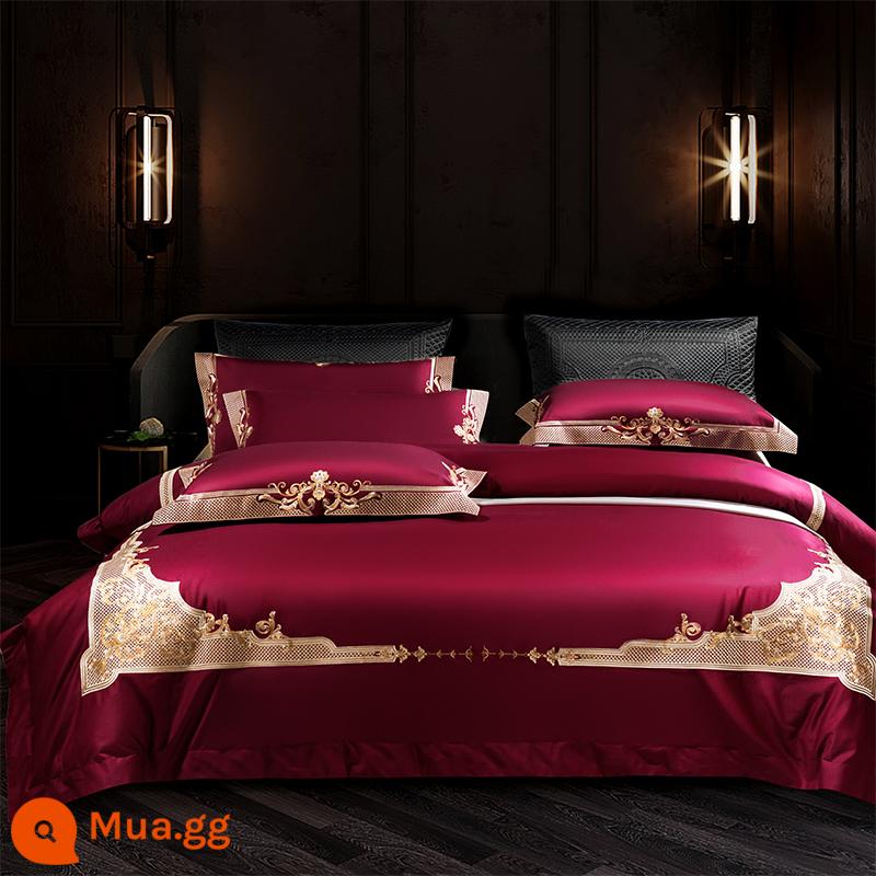 Ý 140 Cotton dài Cotton Red High -end Wedding Bốn bông Bốn Bốn Bốn Biệt thự Biệt thự Cotton Cotton Bed - Bộ bốn món Miralchi (màu đỏ tía)