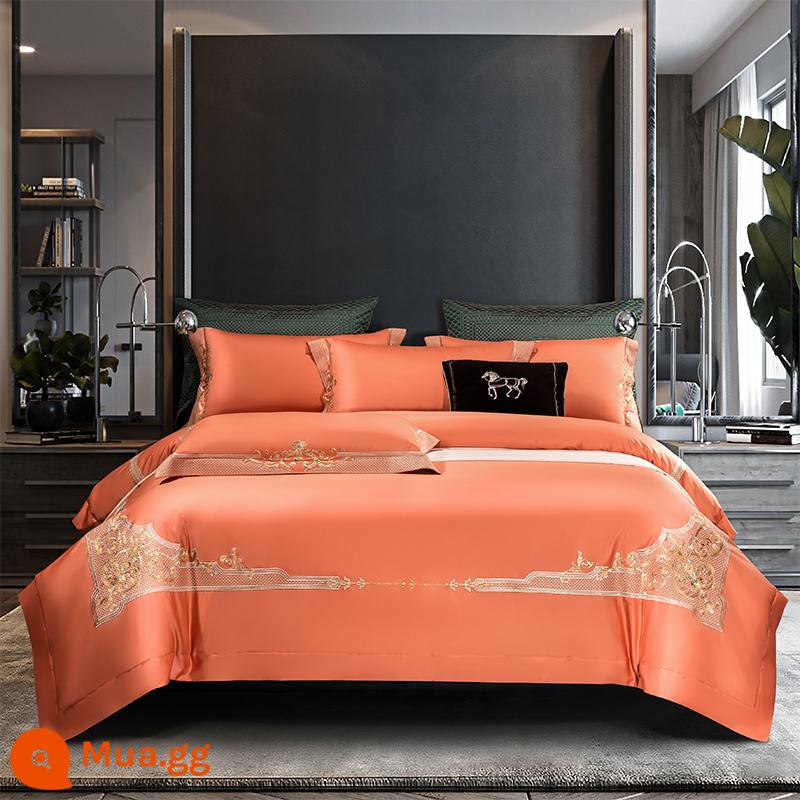 Ý 140 Cotton dài Cotton Red High -end Wedding Bốn bông Bốn Bốn Bốn Biệt thự Biệt thự Cotton Cotton Bed - Bộ bốn món Miralchi (màu cam)