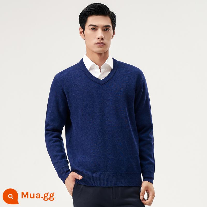 Hengyuanxiang áo len nam trung niên 100 len nguyên chất mùa đông dày áo len rộng đáy bố áo len nam - Cổ chữ V + xanh denim