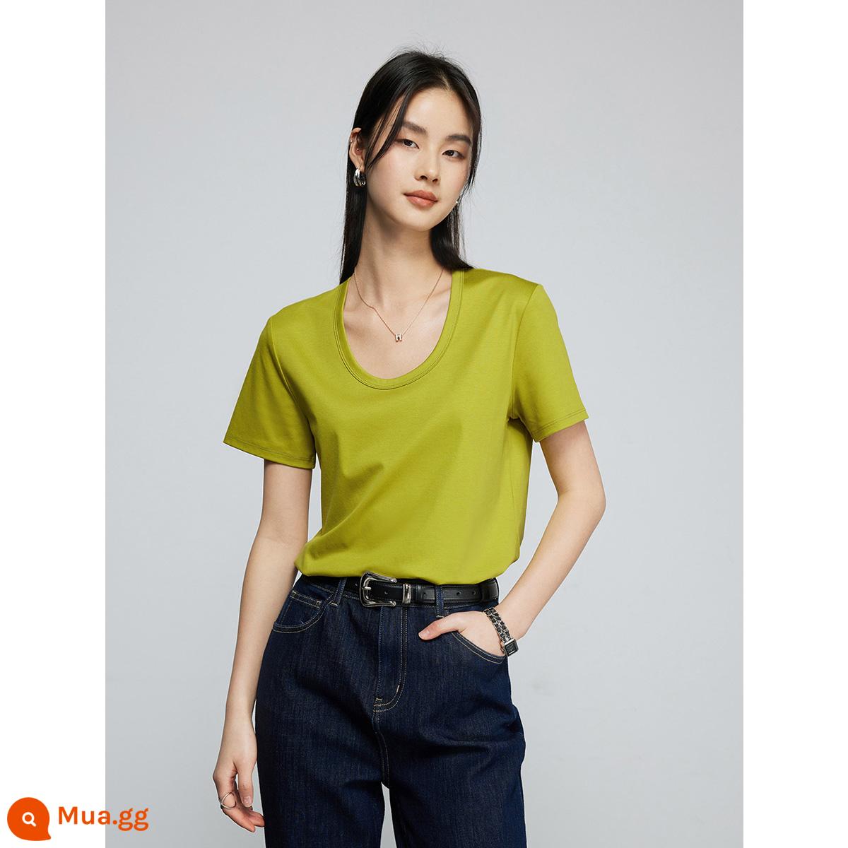 Amoniac lỏng đầu thập niên 60 bằng cotton lỏng màu trắng Áo thun trễ vai màu trắng dành cho nữ mùa xuân và mùa hè cotton làm bóng trang phục bên trong cotton nguyên chất cổ tròn / trang phục bên trong cổ chữ U - Cổ chữ U xanh chuối