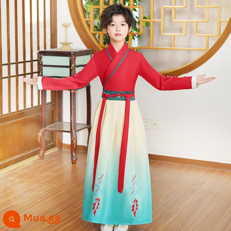 61 trẻ em Hanfu quần áo biểu diễn văn hóa Trung Quốc cuốn sách trang phục cổ đại nam sinh và học sinh tiểu học phong cách dân tộc quần áo khiêu vũ cổ điển nữ Xia Xian - Hanfu đỏ cho nam giới