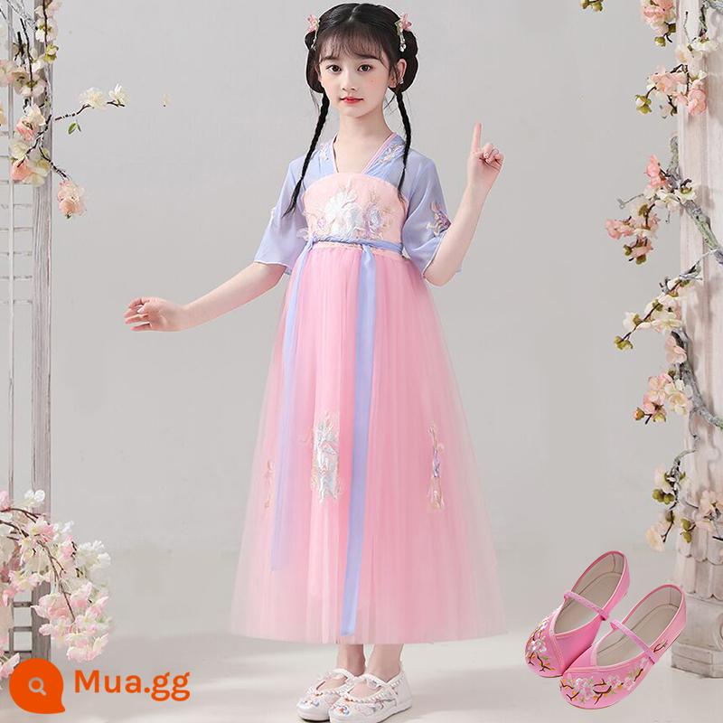 61 trẻ em Hanfu quần áo biểu diễn văn hóa Trung Quốc cuốn sách trang phục cổ đại nam sinh và học sinh tiểu học phong cách dân tộc quần áo khiêu vũ cổ điển nữ Xia Xian - Tay áo ngắn tám bông hoa + mũ miễn phí + trung tâm lông mày