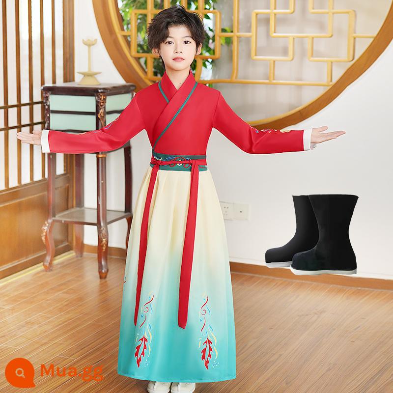 61 trẻ em Hanfu quần áo biểu diễn văn hóa Trung Quốc cuốn sách trang phục cổ đại nam sinh và học sinh tiểu học phong cách dân tộc quần áo khiêu vũ cổ điển nữ Xia Xian - Hanfu đỏ cho nam + bốt