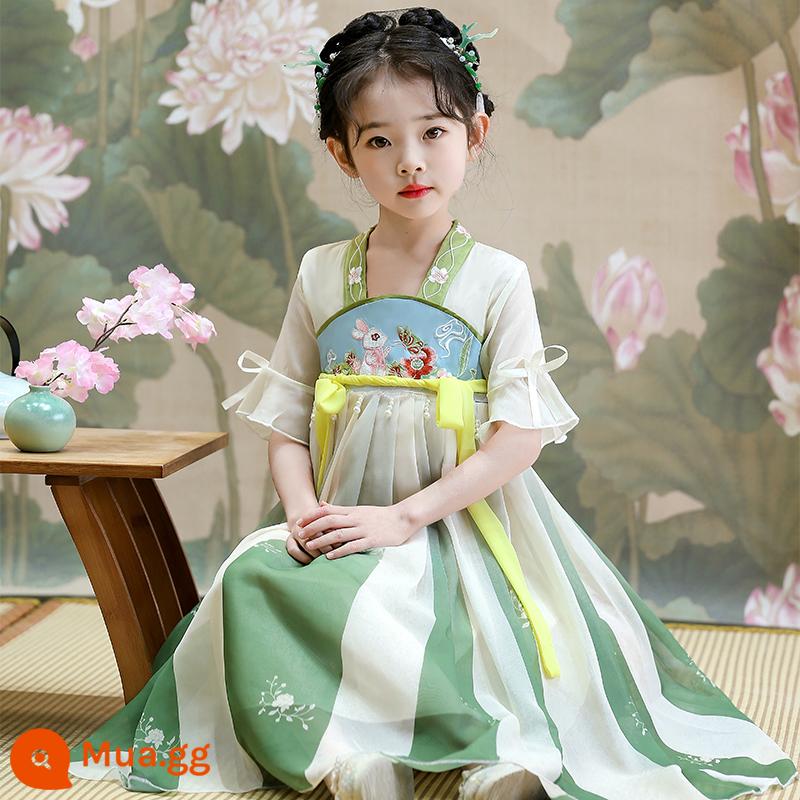 61 trẻ em Hanfu quần áo biểu diễn văn hóa Trung Quốc cuốn sách trang phục cổ đại nam sinh và học sinh tiểu học phong cách dân tộc quần áo khiêu vũ cổ điển nữ Xia Xian - Hanfu thỏ ngọc xanh + mũ miễn phí + trung tâm lông mày