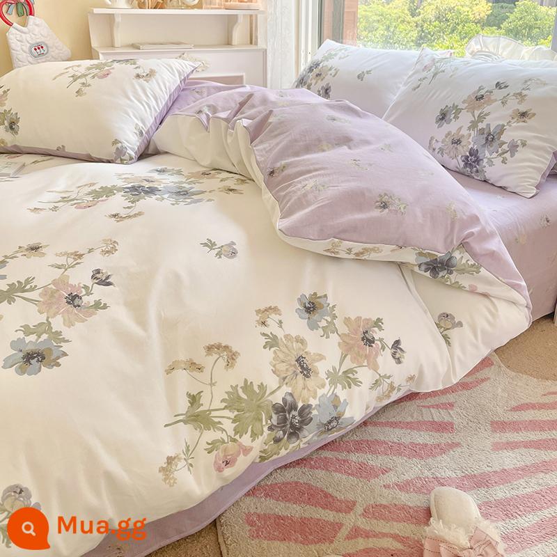 Bộ 4 Cotton Nguyên Chất 100 Bộ Chăn Ga Giường Vỏ Chăn Mùa Hè 3 Học Sinh 4 Ký Túc Xá Giường Đơn 3 Bộ - Trang viên Sophie màu tím ấm áp