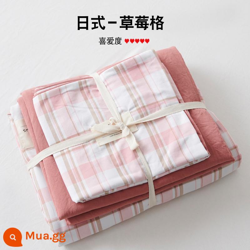 Bộ 4 mùa hè nguyên chất giặt sạch cotton chăn ga gối vỏ chăn chải 2 học sinh 3 ký túc xá giường đơn 3 món - Lưới dâu tây