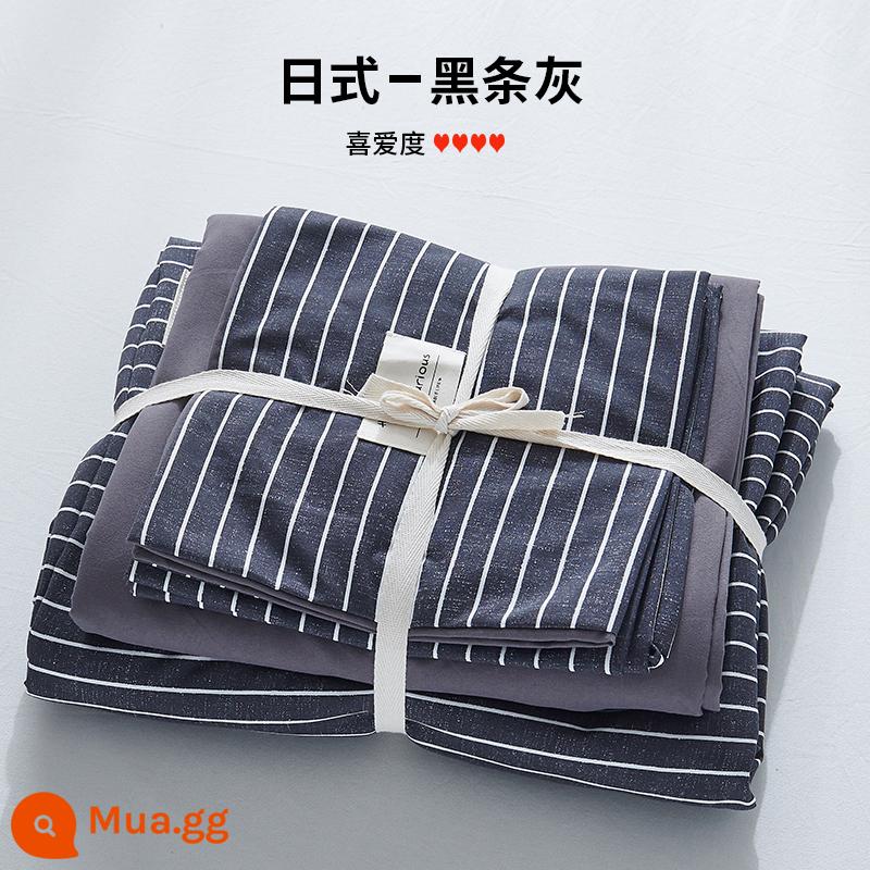 Bộ 4 bộ chăn ga gối cotton nguyên chất ga trải giường vỏ chăn chần gòn 2 học sinh 3 ký túc xá giường đơn 3 món - sọc đen xám