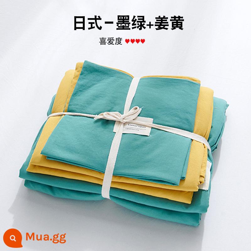 Bộ 4 mùa hè nguyên chất giặt sạch cotton chăn ga gối vỏ chăn chải 2 học sinh 3 ký túc xá giường đơn 3 món - Màu xanh đậm + nghệ