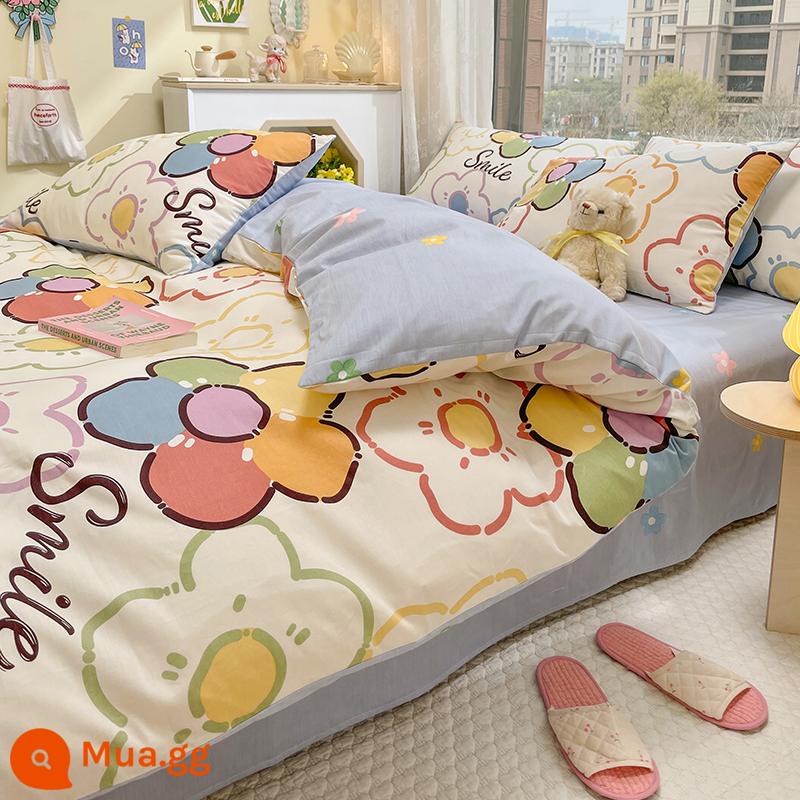 Bộ 4 Cotton Nguyên Chất 100 Bộ Chăn Ga Giường Vỏ Chăn Mùa Hè 3 Học Sinh 4 Ký Túc Xá Giường Đơn 3 Bộ - nụ hoa màu