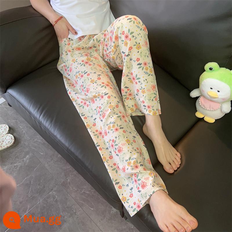 Quần pyjama cotton lụa nữ mùa hè mỏng phần lớn cotton lụa nhân tạo cỡ lớn có thể mặc ra ngoài nhà quần dài in hoa thẳng rộng - Cơm tấm hoa trắng ống thẳng