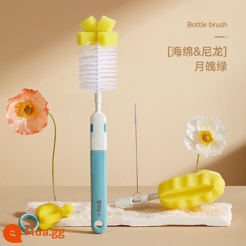 Tháng 10 Bộ Cọ Bình Sữa Kết Tinh Rửa Bình Núm Vú Dụng Cụ Vệ Sinh Bàn Chải Silicone Bộ Cọ Bọt Biển Làm Sạch - [Moon Soul Green] Bàn chải chai bọt biển